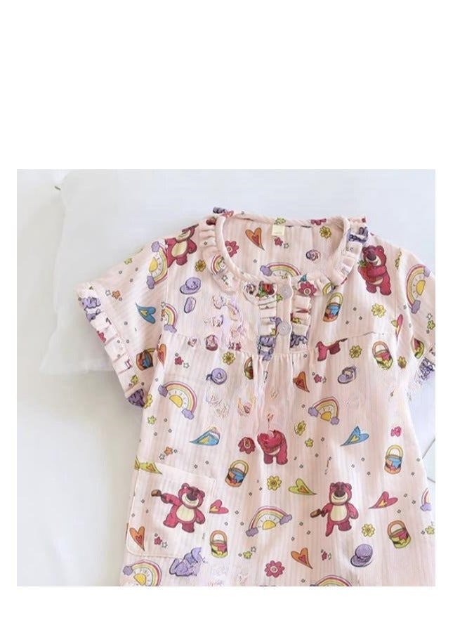 Disney Children's Pure Cotton Gauze Cute Short Sleeved Seven Quarter Pants Home Clothes Pajama Set - Image 3