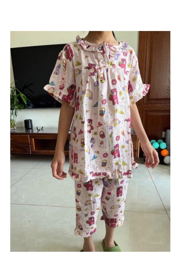 Disney Children's Pure Cotton Gauze Cute Short Sleeved Seven Quarter Pants Home Clothes Pajama Set - Image 4