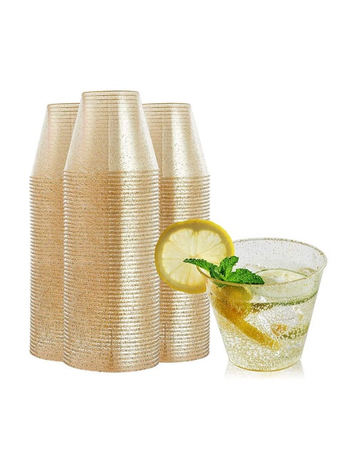 50 Pack Gold Glitter Plastic Cups 9 OZ Clear Plastic Cups Tumblers, Fancy Disposable Hard Plastic Cups with Gold Glitter, Premium Wedding Cups Elegant Party Cups, Recyclable and BPA-Free