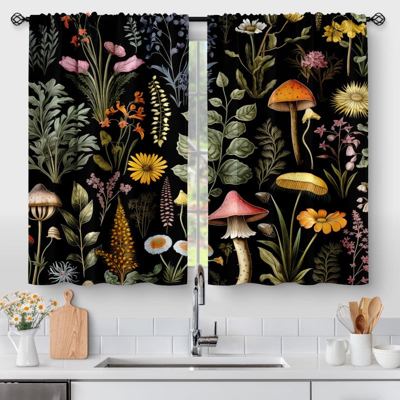 Aimego Boho Floral Kitchen Curtains - Bohemian Mushroom Vintage Plants Flowers Cafe Small Short Tier Window Curtains for Bathroom Living Room Decor Rod Pocket Window Drapes 36 Inch Length Set 28"x36" - Image 1