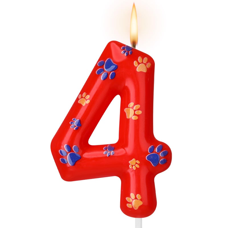 Conelist Number 4 Dog Paw Birthday Candles Dog Patrol Toppers Candles Blue Yellow and Red Numeral Birthday Cake Topper for 4 Year Old Boy Girl Paw Party Decoration Patrol Party Supplies
