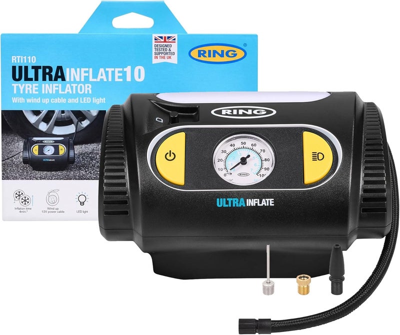 Ring Automotive ULTRAINFLATE 10 Cordless Analogue Tyre Inflator with Wind-Up Power Cable - Image 1