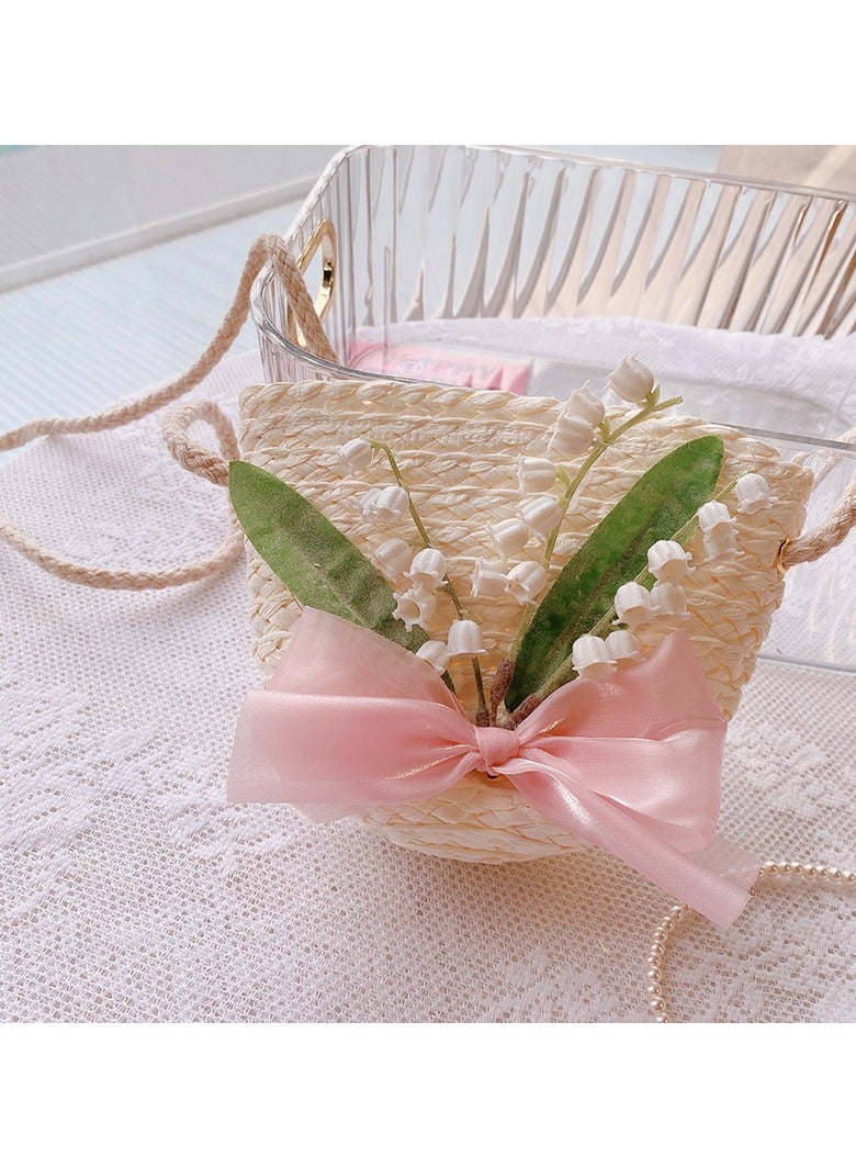 KUYING New Soft Girl Bell Orchid Bow Fantasy Grass Woven Bag 