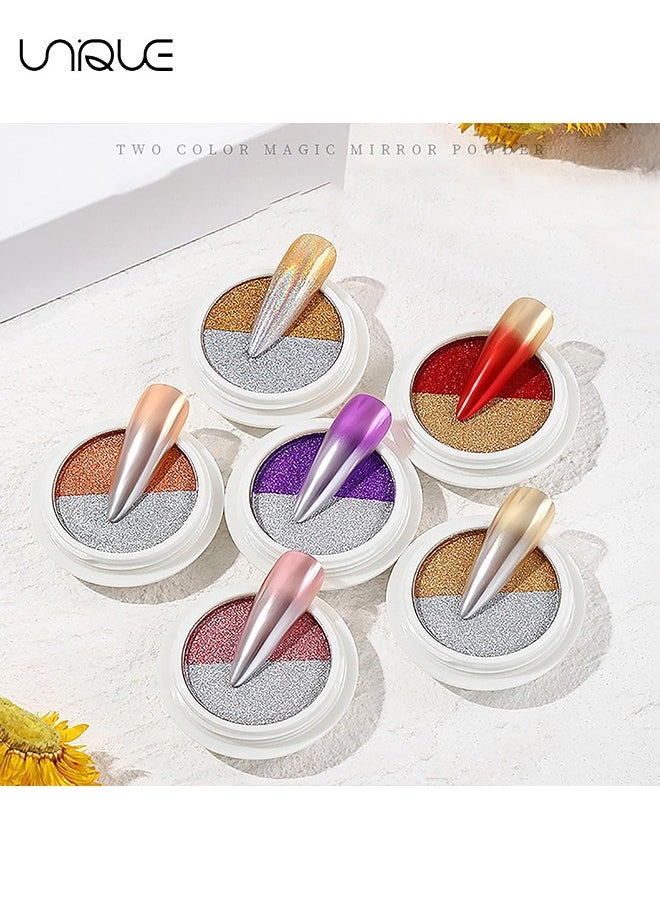 Dual color Chrome Nail Powder 6 Jars Rose Gold Mirror Effect Manicure Pigment Glitter Dust for Salon Home DIY Nail Art Deco with 6 Eyeshadow Sticks
