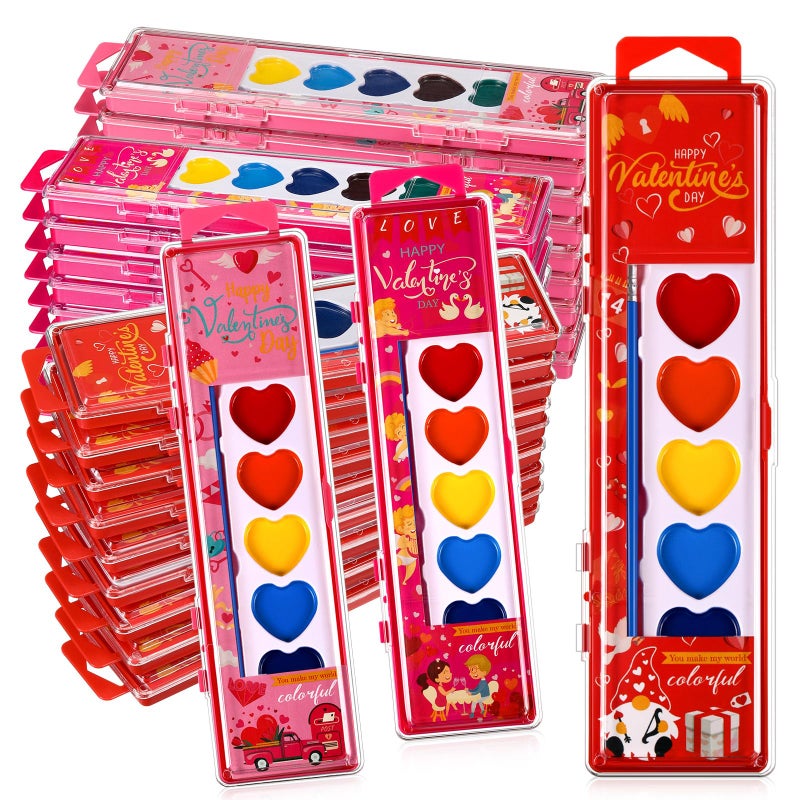 Watersay 48 Packs Valentines Heart Watercolor Paint Set 8 Washable Colors with Brushes Water Color Painting Kit Party Favor Valentines Gifts Painting Kit for Adult - Image 1