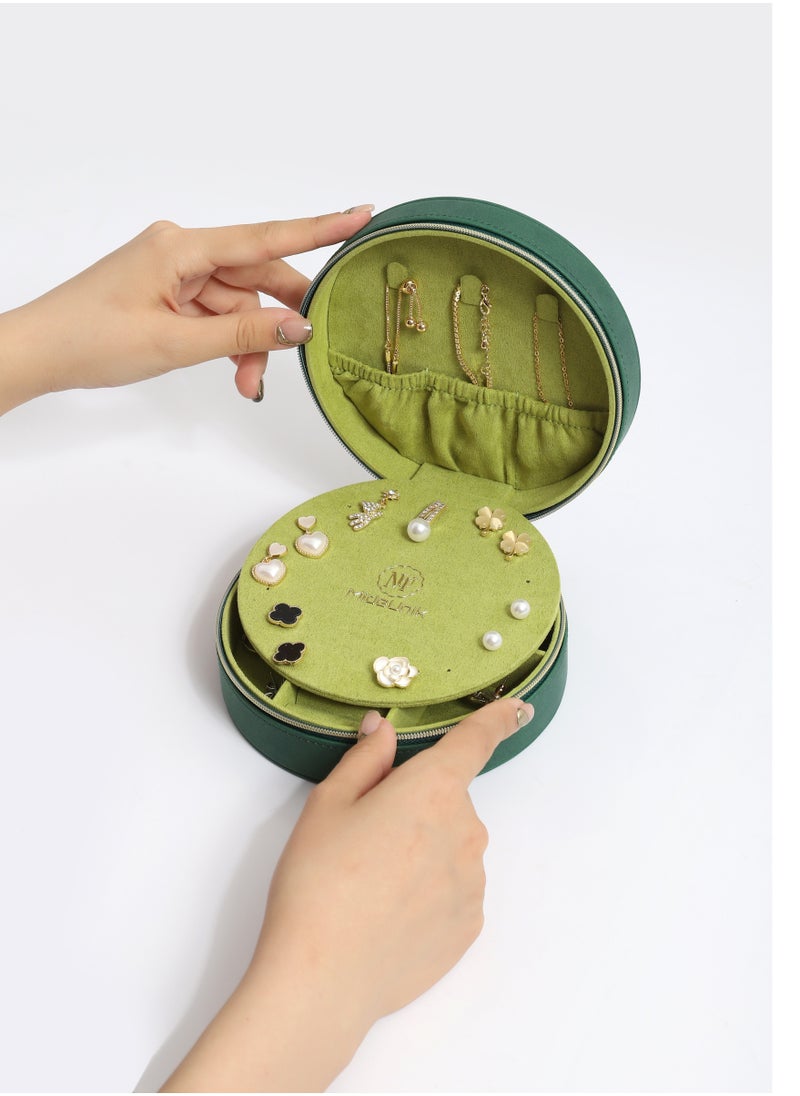 l'elefante L’elefante Round Travel Jewelry Organizer Box with Mirror – Multi-Compartment Storage for Rings, Earrings, Necklaces – Compact Zippered Case for Women & Girls  - Image 2