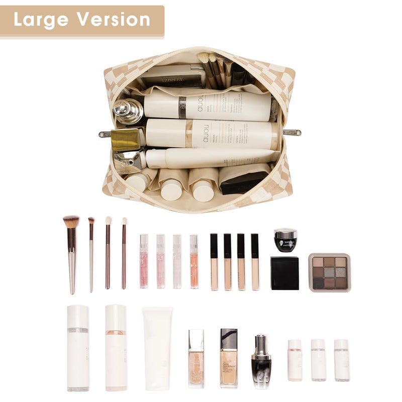 Narwey Large Makeup Bag Zipper Pouch Travel Cosmetic Organizer for Women (Large, Light Checkerboard) - Image 2