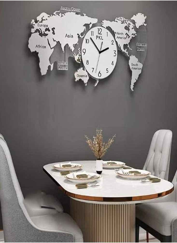 Dreamzon 3D Acrylic World Map Wall Art World Map Wall Clock Decorative Large Wall Decor Wall Art For Home And Office Silver 