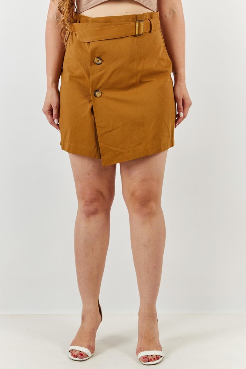 Reserved Women Solid Belted Mini Skirt, Brown - Image 1