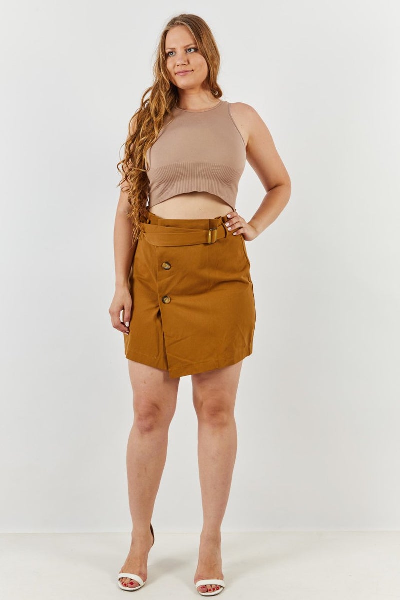 Reserved Women Solid Belted Mini Skirt, Brown - Image 3