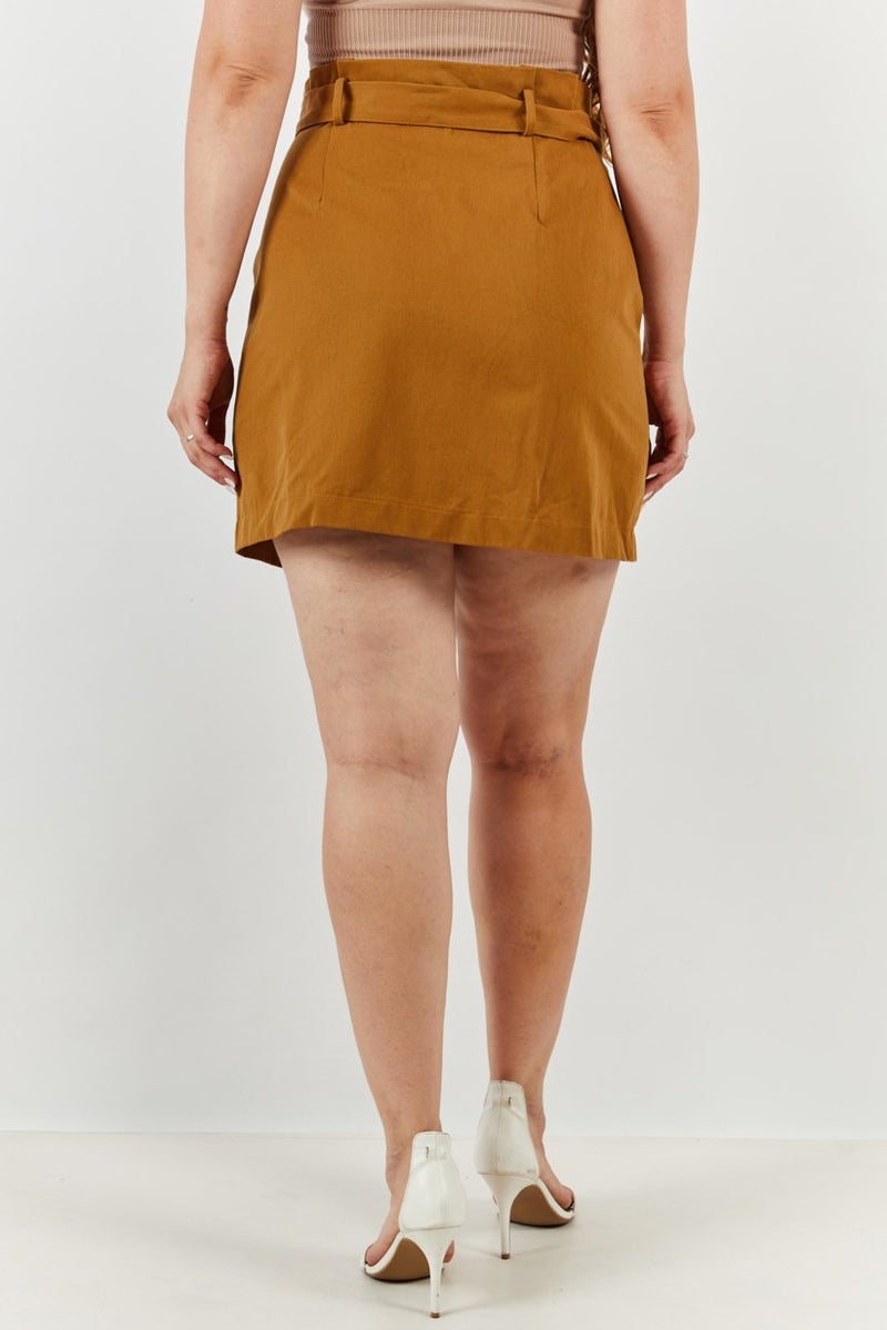 Reserved Women Solid Belted Mini Skirt, Brown - Image 4
