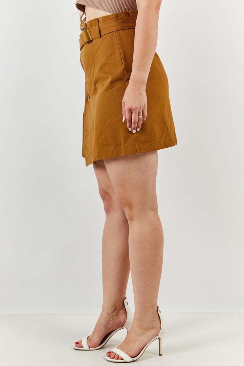 Reserved Women Solid Belted Mini Skirt, Brown - Image 2