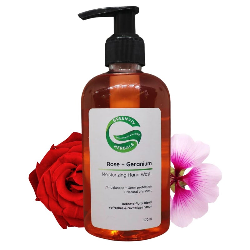 Greenviv Natural Handwash Liquid Rose & Geranium, 270ML, Anti Bacterial Moisturizing Hand Wash - Image 1