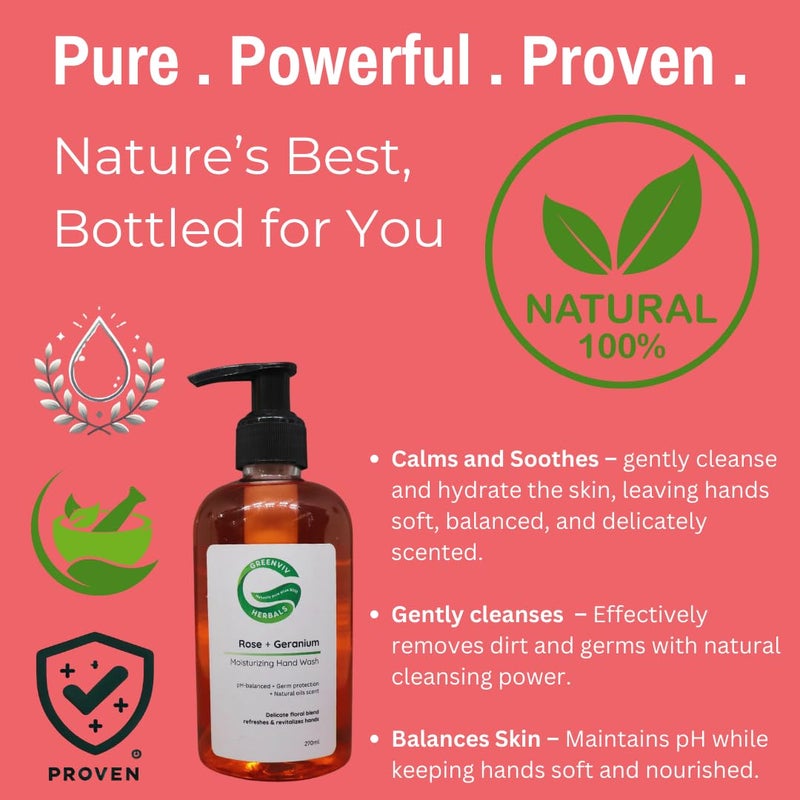 Greenviv Natural Handwash Liquid Rose & Geranium, 270ML, Anti Bacterial Moisturizing Hand Wash - Image 2