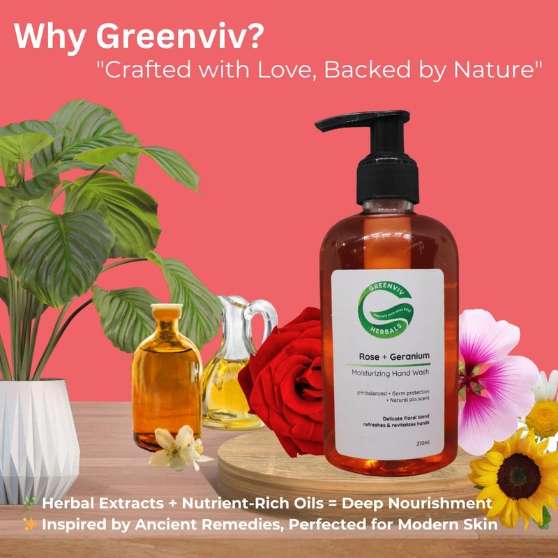 Greenviv Natural Handwash Liquid Rose & Geranium, 270ML, Anti Bacterial Moisturizing Hand Wash - Image 4
