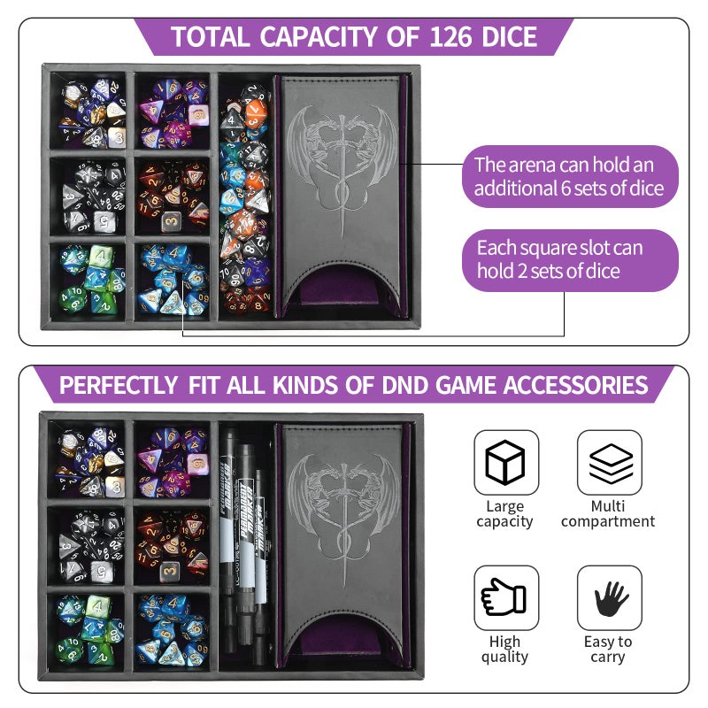 Grajar DND Dice Tray and Dice Tower with Storage 3 in 1 Dice Rolling Tray with Lid Portable Dice Box Storage DND dice Holder for Dungeons and Dragons DD RPG MTG Table Games  Purple - Image 3
