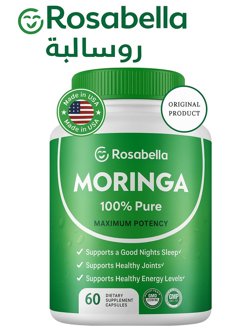 Rosabella Moringa Powder Capsules - Pure Nutrient-Rich Moringa Powder - A Natural Green Antioxidant Superfood - Supports Energy, Skin Health, Gut Health+ - w/Essential Vitamins & Amino Acids A1  - Image 1