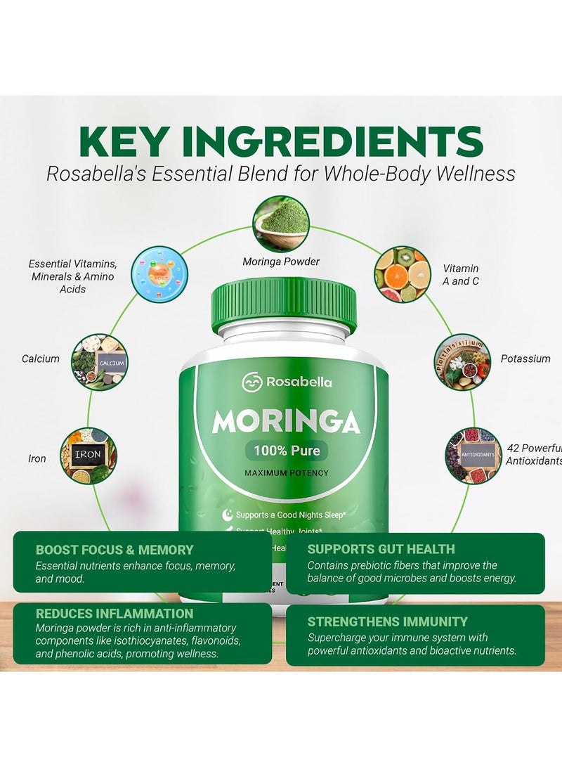 Rosabella Moringa Powder Capsules - Pure Nutrient-Rich Moringa Powder - A Natural Green Antioxidant Superfood - Supports Energy, Skin Health, Gut Health+ - w/Essential Vitamins & Amino Acids A1  - Image 2