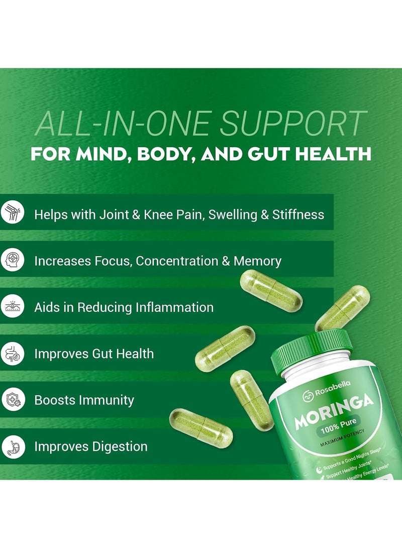 Rosabella Moringa Powder Capsules - Pure Nutrient-Rich Moringa Powder - A Natural Green Antioxidant Superfood - Supports Energy, Skin Health, Gut Health+ - w/Essential Vitamins & Amino Acids A1  - Image 3