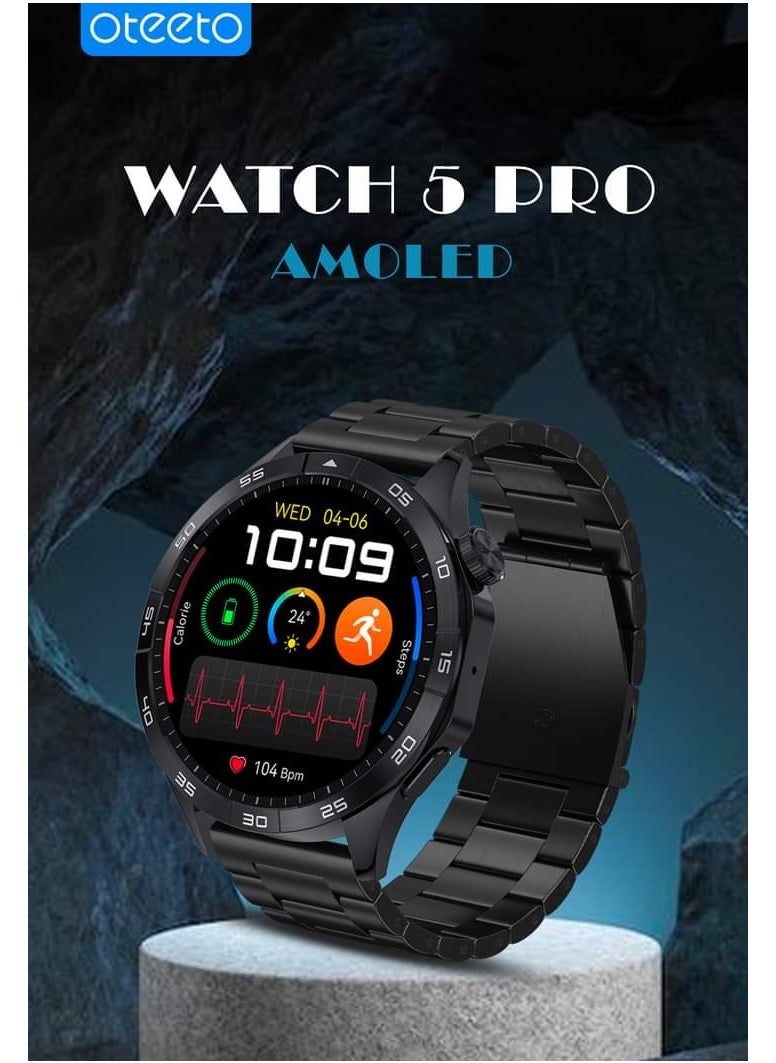 Oteeto Oteeto Watch 5 pro  1.43 Inch AMOLED Display Smart watch With 2 Pair Strap and Wireless Charger For Men's Black  - Image 2