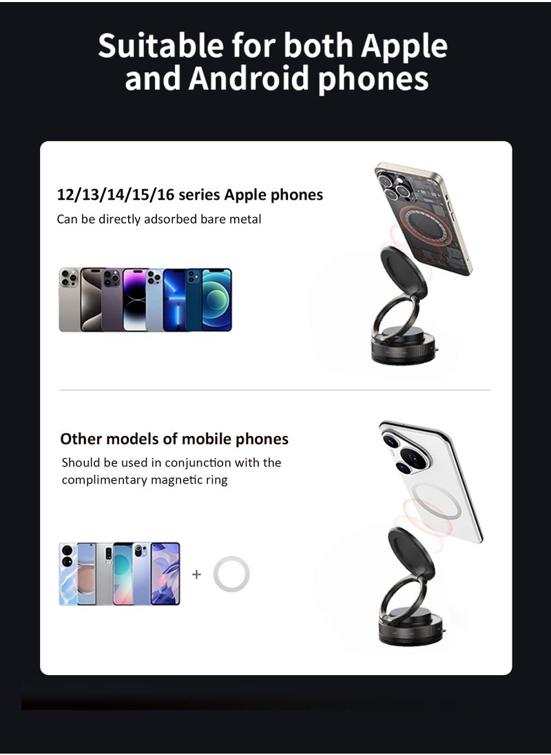 Vacuum Magnetic Car Phone Mount - 360° Rotating Foldable Dashboard Suction Cup Holder with N54 Strong Magnet, Universal Compatibility for Smartphones (Black)
