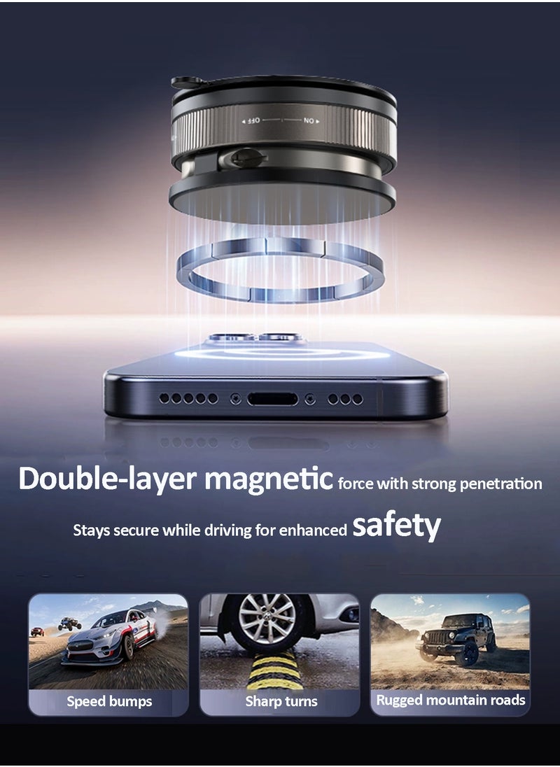 Vacuum Magnetic Car Phone Mount - 360° Rotating Foldable Dashboard Suction Cup Holder with N54 Strong Magnet, Universal Compatibility for Smartphones (Black)