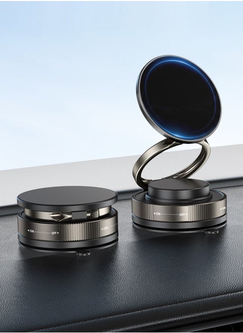 Vacuum Magnetic Car Phone Mount - 360° Rotating Foldable Dashboard Suction Cup Holder with N54 Strong Magnet, Universal Compatibility for Smartphones (Black)