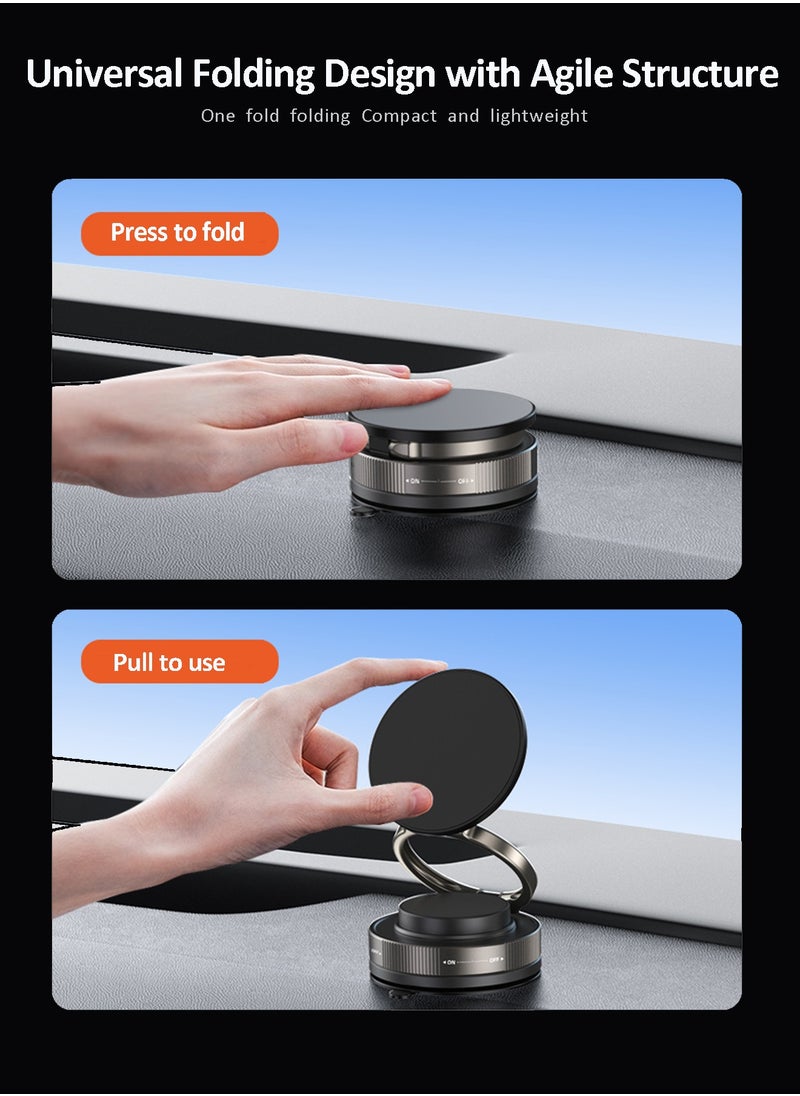 Vacuum Magnetic Car Phone Mount - 360° Rotating Foldable Dashboard Suction Cup Holder with N54 Strong Magnet, Universal Compatibility for Smartphones (Black)