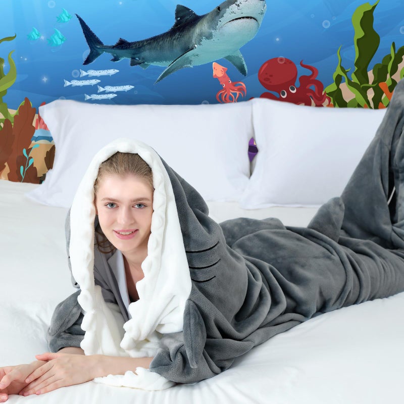 Touchat Shark Blanket for Adult Super Soft Cozy Flannel Throw Wearable Blanket, Cartoon Animals Shark Onesie Hoodie, Sleeping Bag Cosplay Shark Costume Blanket Gifts for Shark Lovers (Grey, M) - Image 2