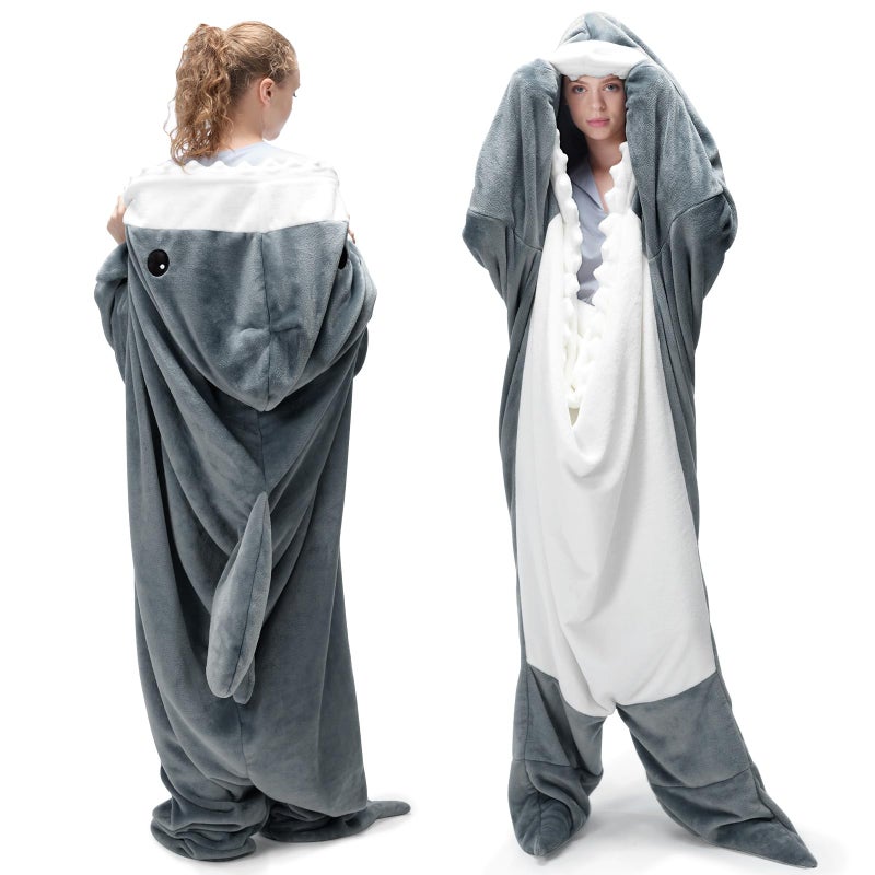 Touchat Shark Blanket for Adult Super Soft Cozy Flannel Throw Wearable Blanket, Cartoon Animals Shark Onesie Hoodie, Sleeping Bag Cosplay Shark Costume Blanket Gifts for Shark Lovers (Grey, M) - Image 1