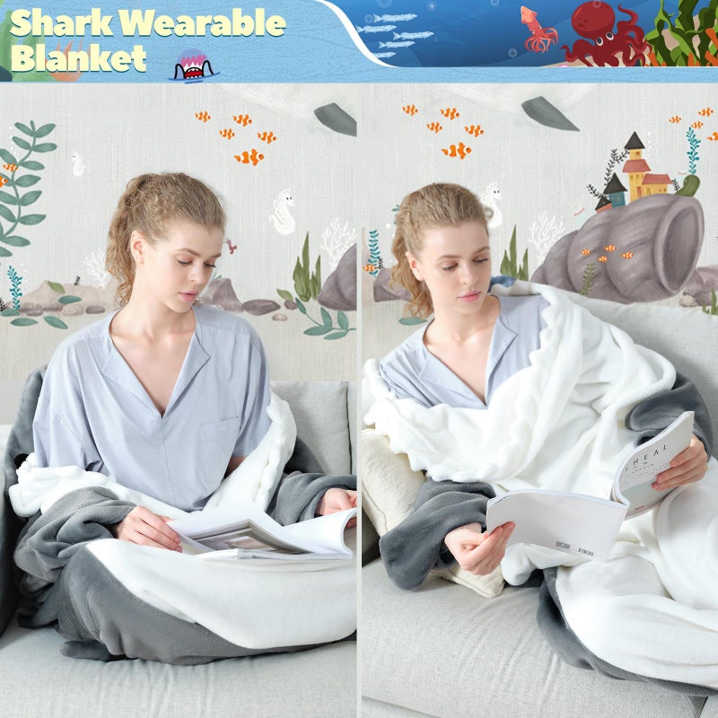 Touchat Shark Blanket for Adult Super Soft Cozy Flannel Throw Wearable Blanket, Cartoon Animals Shark Onesie Hoodie, Sleeping Bag Cosplay Shark Costume Blanket Gifts for Shark Lovers (Grey, M) - Image 4