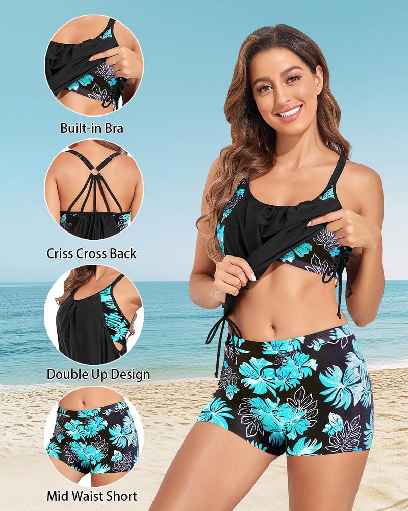 Holipick Black and Blue Flower Blouson Tankini Swimsuits for Women - Two Piece Tummy Control Bathing Suit with Shorts Modest Swimwear L - Image 4