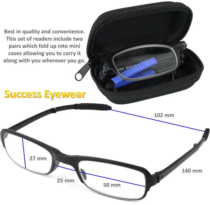 Success Eyewear Reading Glasses 2 Pair Fashion Folding Readers with Cases Unisex Glasses for Reading for Men and Women Set of Matte Grey With Blue & Matte Black 3.5 - Image 3