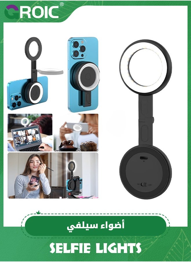 GROIC Black 2-in-1 Portable Magnetic Phone Selfie Light and Stand, 3 Modes Color LED Fill Light，Ring Light Included Sticky Ring, for Phone, iPhone, iPad, Laptop, for Makeup, TikTok, Selfie, Vlog Color  - Image 1