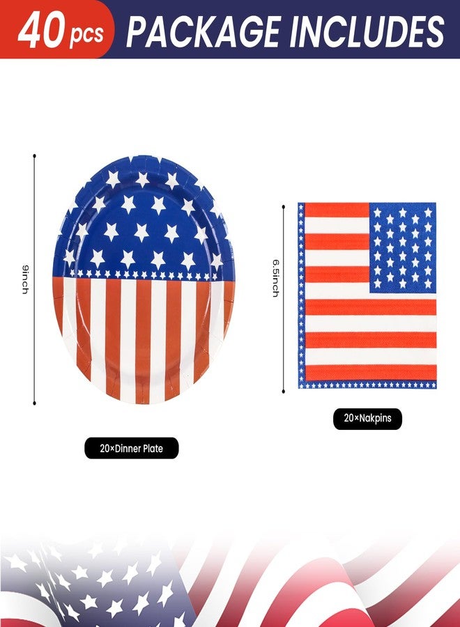 EVYIENEN 40pcs American Independence Day Party Supplies Disposable dinner paper plates and Napkins Sets 4th of July American Flag Patriotic Party Decorations, Serve 20 - Image 2
