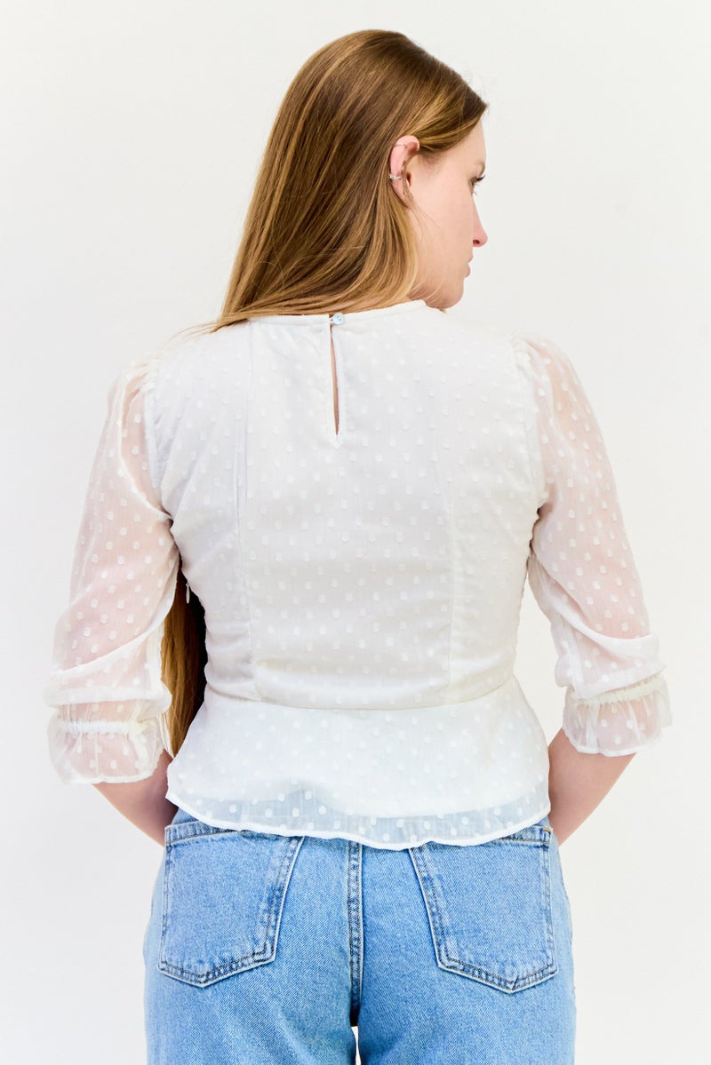 ONLY Women Round Neck Long Sleeves Textured Blouse, White - Image 3