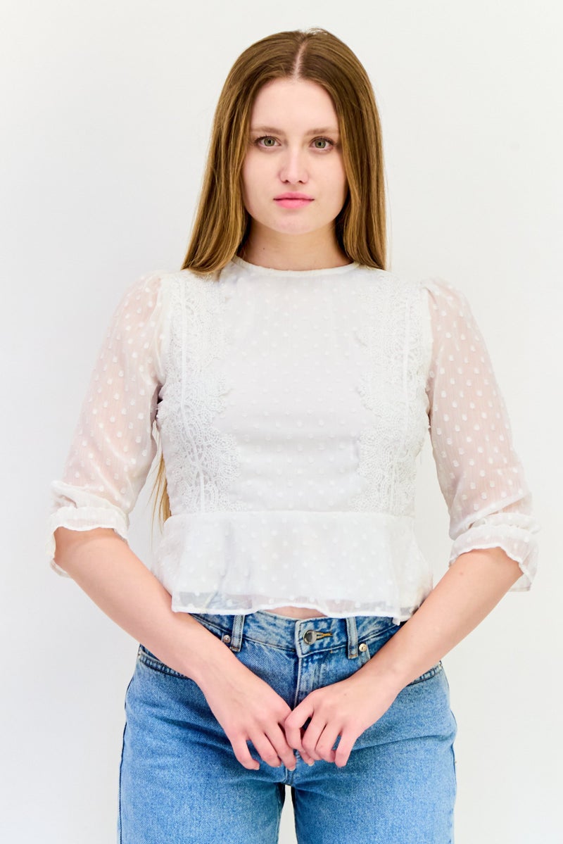 ONLY Women Round Neck Long Sleeves Textured Blouse, White - Image 1