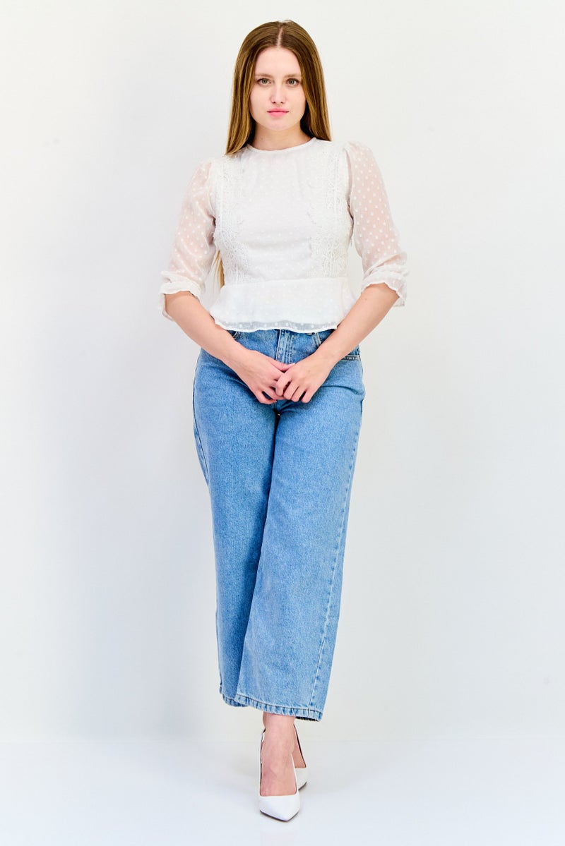 ONLY Women Round Neck Long Sleeves Textured Blouse, White - Image 4
