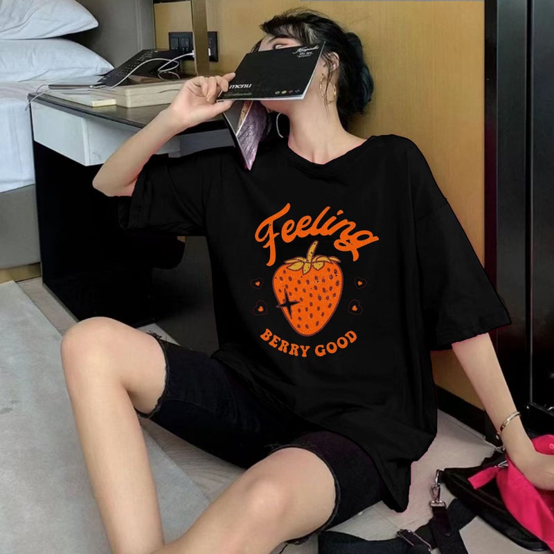 Cross-border Spring and Summer New Shoulder Sleeve Feeling BERRY GOOD Strawberry Pattern Women's Loose Short-sleeved T-shirt - Image 3