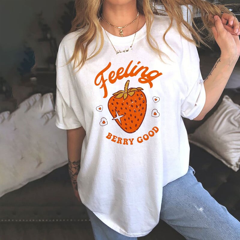 Cross-border Spring and Summer New Shoulder Sleeve Feeling BERRY GOOD Strawberry Pattern Women's Loose Short-sleeved T-shirt - Image 2