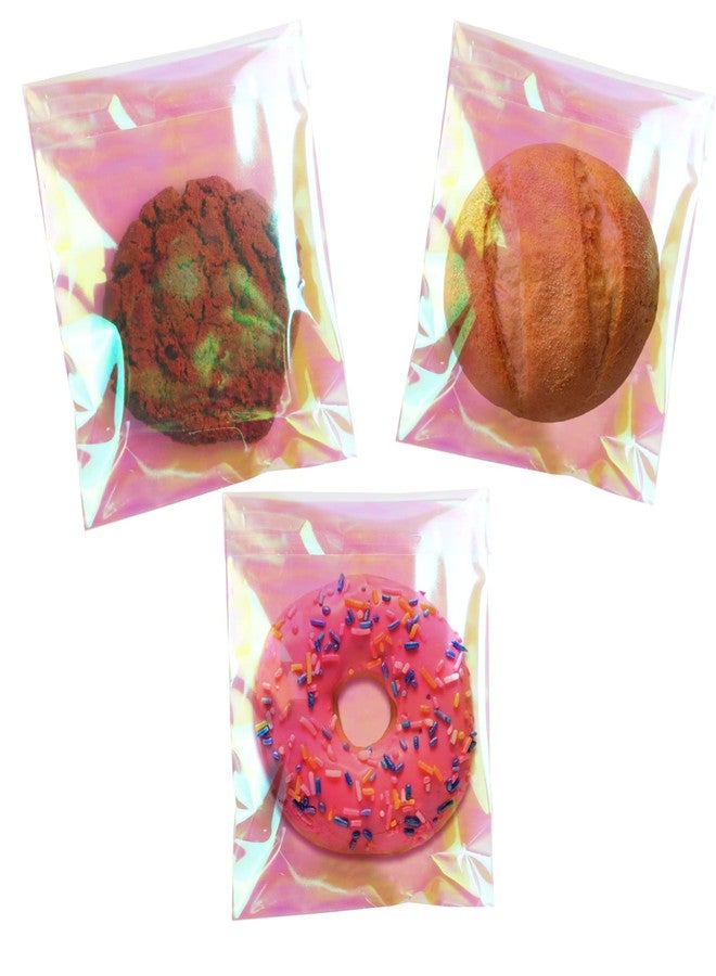 SUREHOME Cookie Bags with Seal 100 Pcs 5x6 In Iridescent Holographic Self Sealing Cellophane Treat Bags Pink Resealable Individual Cookie Bag for Gift Giving Valentine Candy Packaging Goodie Wrappers - Image 1