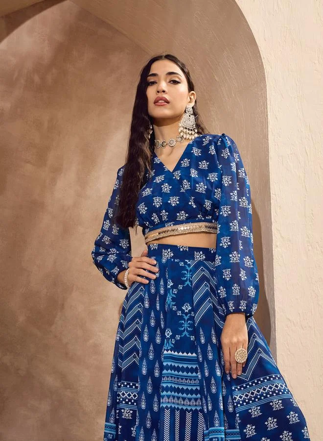 SASSAFRAS Sassafras Blue Floral Print Wrap Crop Top with Anarkali Skirt Co-Ords