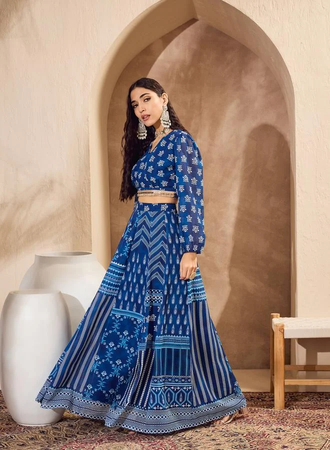 SASSAFRAS Sassafras Blue Floral Print Wrap Crop Top with Anarkali Skirt Co-Ords