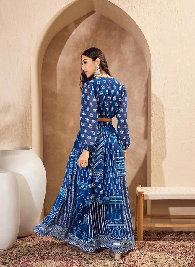 SASSAFRAS Sassafras Blue Floral Print Wrap Crop Top with Anarkali Skirt Co-Ords