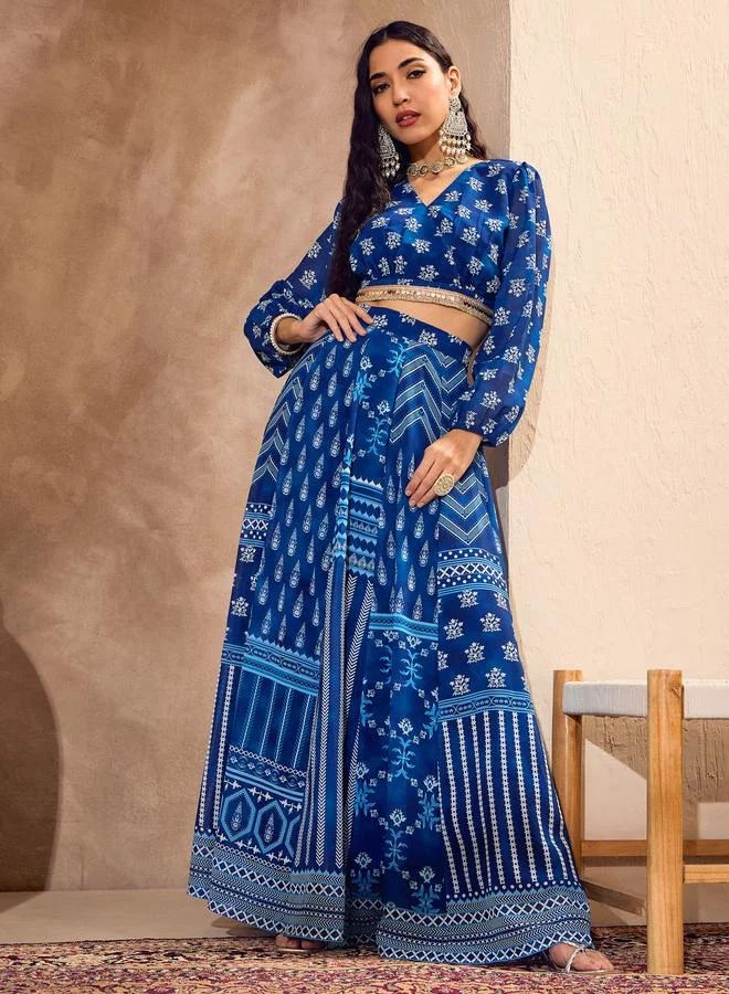 SASSAFRAS Sassafras Blue Floral Print Wrap Crop Top with Anarkali Skirt Co-Ords