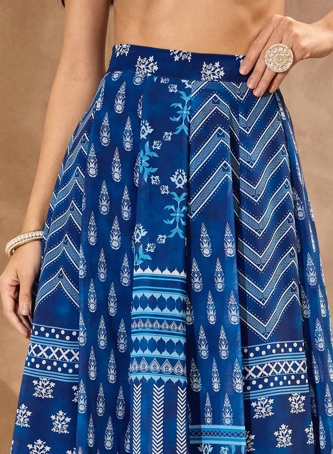 SASSAFRAS Sassafras Blue Floral Print Wrap Crop Top with Anarkali Skirt Co-Ords