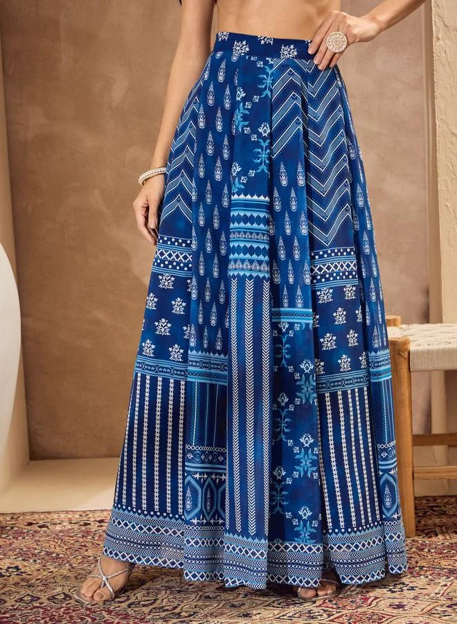SASSAFRAS Sassafras Blue Floral Print Wrap Crop Top with Anarkali Skirt Co-Ords