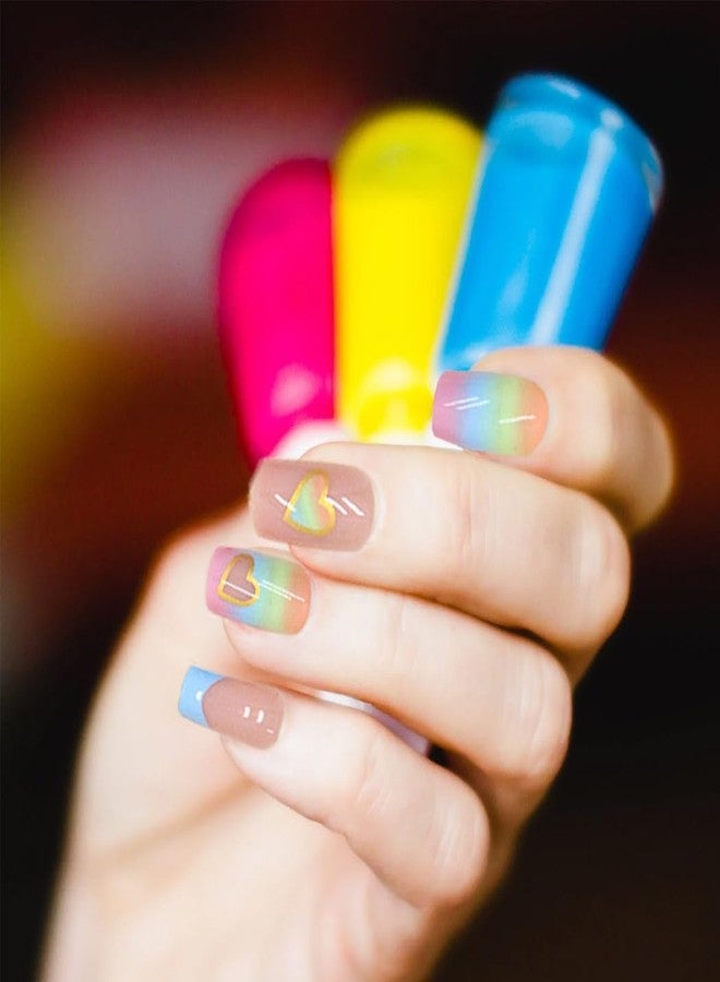 Gangel Heart French Tip Press on Nails Colorful Glossy Square Fake Nails with Nail Glue Medium Acrylic False Nails for Women and Girls(24 pcs) - Image 2