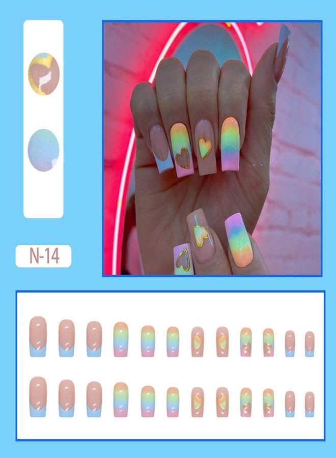 Gangel Heart French Tip Press on Nails Colorful Glossy Square Fake Nails with Nail Glue Medium Acrylic False Nails for Women and Girls(24 pcs) - Image 3