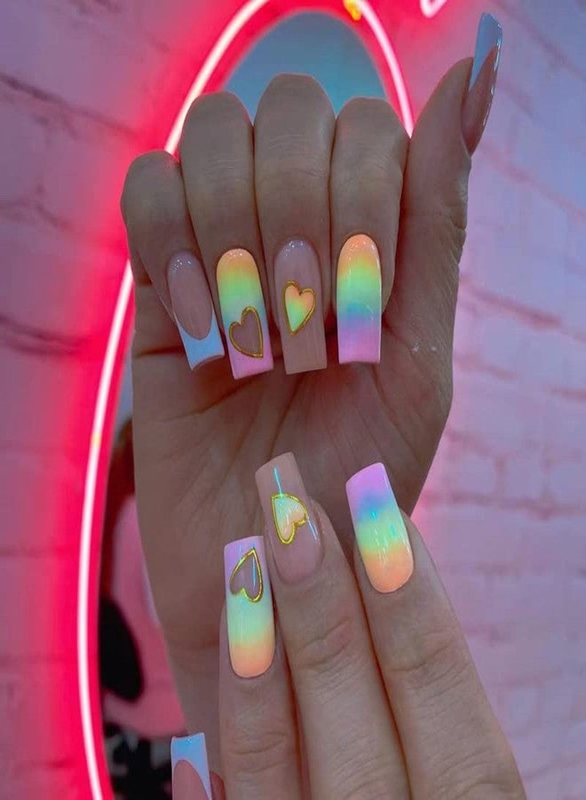 Gangel Heart French Tip Press on Nails Colorful Glossy Square Fake Nails with Nail Glue Medium Acrylic False Nails for Women and Girls(24 pcs) - Image 1